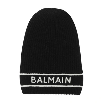 Shop Balmain Wool Beanie With Embroidewhite Logo In Noir Blanc