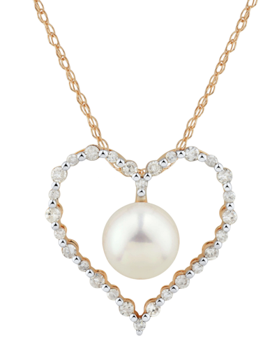 Shop Honora Cultured Freshwater Pearl & Diamond (3/8 Ct. T.w.) Heart 18" Pendant Necklace In 14k Gold In Rose Gold