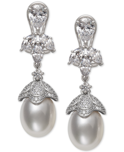 Shop Belle De Mer Cultured Freshwater Pearl (9-10mm) & Cubic Zirconia Drop Earrings In Sterling Silver, C