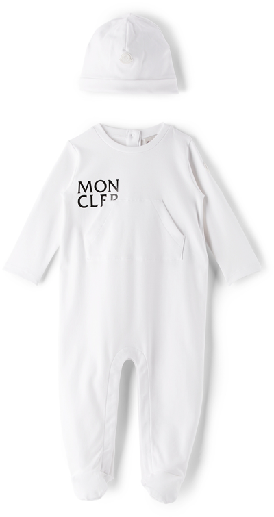 Shop Moncler Baby White Jumpsuit & Beanie Set In 002 Beige