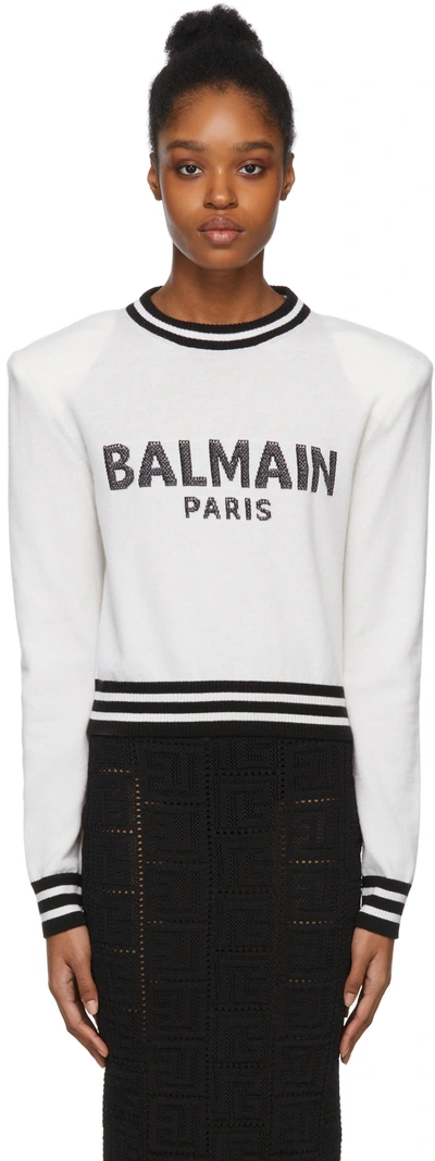 Shop Balmain White Cropped Logo Crewneck Sweater In Gab Blanc/noir