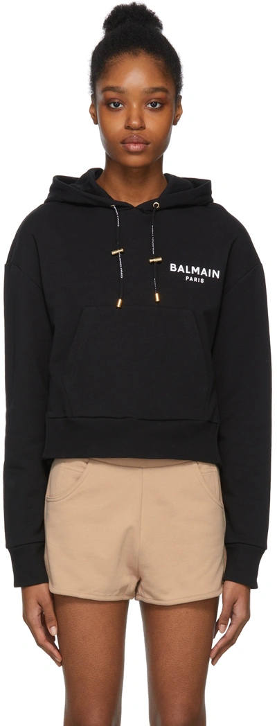 Shop Balmain Black Cropped Logo Hoodie In Eab Noir/blanc