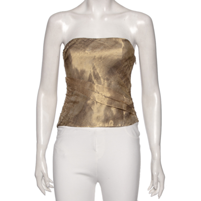 Pre-owned Ralph Lauren Gold Patterned Mesh & Silk Strapless Top M In Metallic