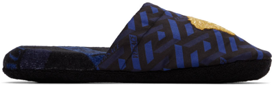 Shop Versace Black & Blue La Greca Slippers In Z7404 Blue
