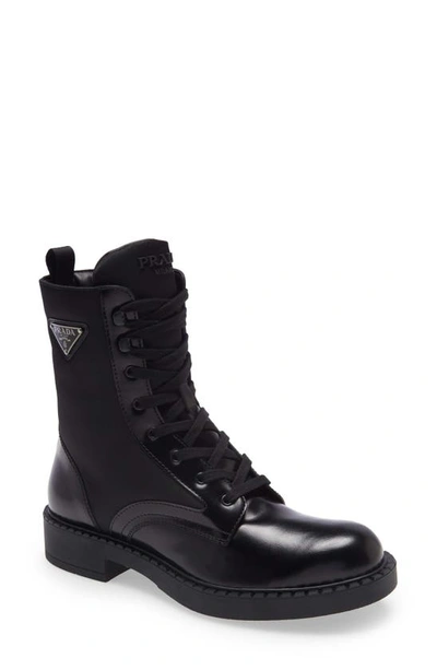 Prada Logo-plaque Panelled Ankle Boots In Black