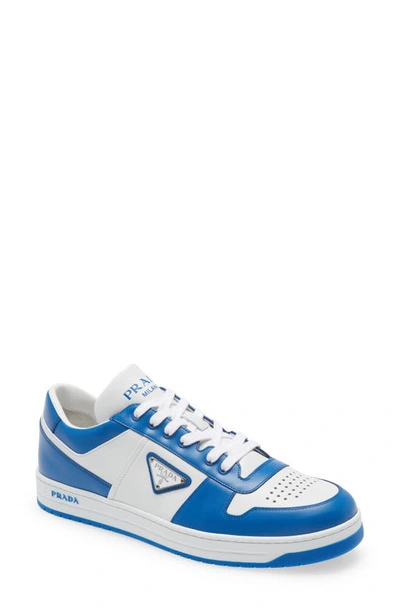 Prada Men's Low-top Leather Downtown Sneakers W/ Logo Plaqu&eacute; In  Light Blue | ModeSens