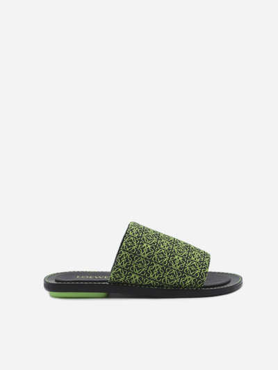 Shop Loewe Anagram Slippers In Jacquard And Leather In Black/neon Green