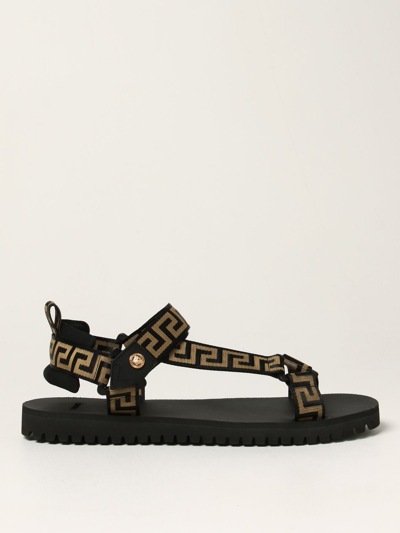 Shop Versace Nylon Sandals With Greek Print In Gold