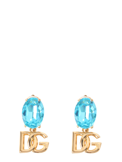 Shop Dolce & Gabbana Pendant Earrings With Rhinestones And Logo In Azzurro