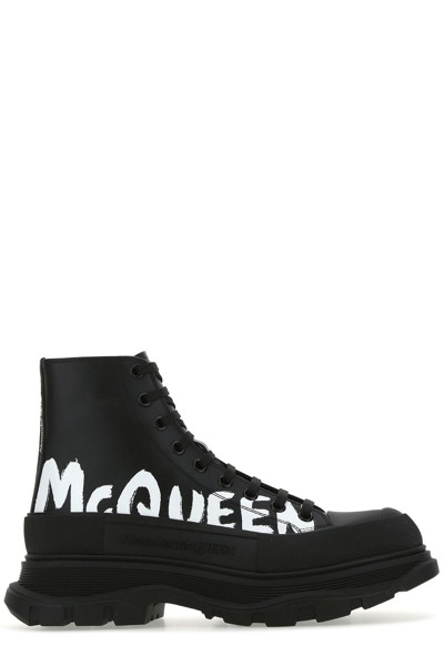 Shop Alexander Mcqueen Tread Slick Graffiti Logo Boots In Black