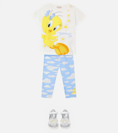 Monnalisa Printed Cotton-blend Leggings In Blue
