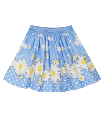 Shop Monnalisa Daisy Polka-dot Cotton Skirt In Blue