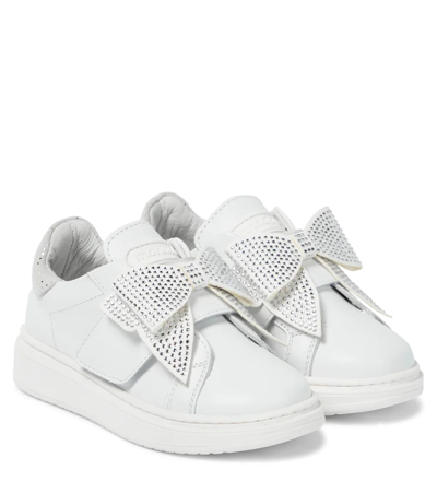 Shop Monnalisa Embellished Leather Sneakers In Panna