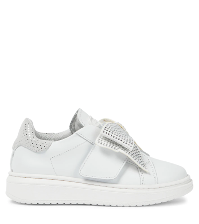 Shop Monnalisa Embellished Leather Sneakers In Panna