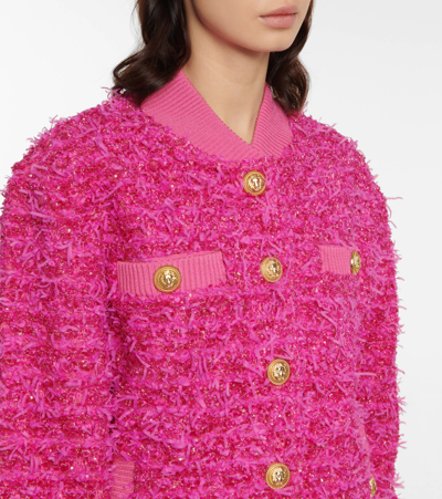 Shop Balmain X Barbie ® Metallic Tweed Bomber Jacket In Rose