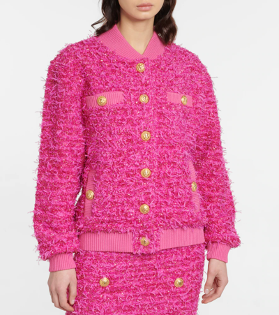 Shop Balmain X Barbie ® Metallic Tweed Bomber Jacket In Rose