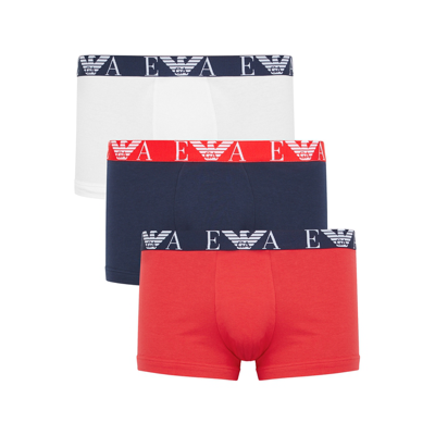Shop Emporio Armani Stretch-cotton Boxer Trunks- Set Of Three In Red