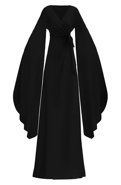 Shop Diarrablu Maya Exaggerated Long Sleeve Satin Wrap Dress In Black