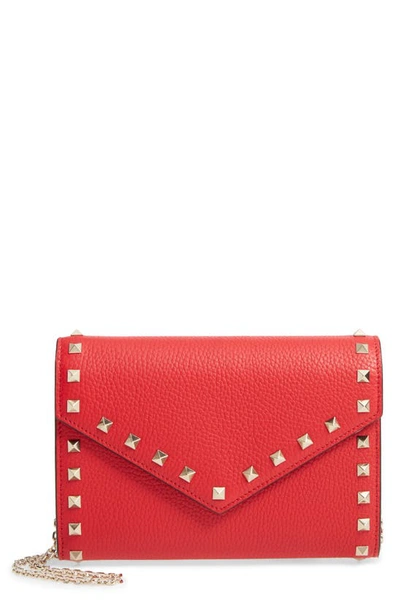 Shop Valentino Rockstud V-flap Calfskin Leather Wallet On A Chain In Rouge Pur
