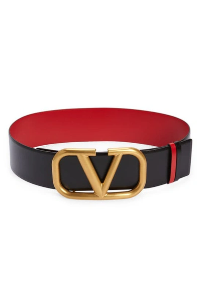 Shop Valentino Vlogo Reversible Leather Belt In Nero/ Reouge Pur