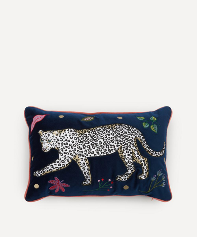 Shop Karen Mabon Snow Leopard Velvet Bolster Cushion In Navy