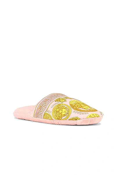 Shop Versace Medusa Amplified Slippers In Rosa & Oro