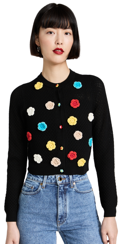 Shop Alice And Olivia Selma Pointelle Cardigan With Crochet Flowers In Black/multi