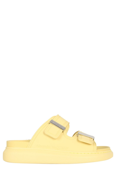 Shop Alexander Mcqueen Logo Detailed Buckle Strap Slides In Yellow