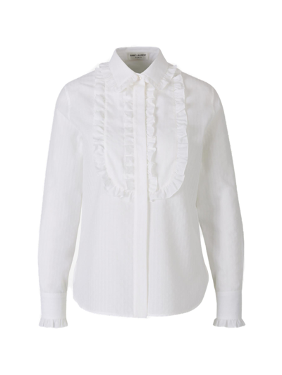 Shop Saint Laurent Striped Ruffled Bib Shirt In White