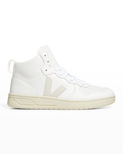 Shop Veja V15 Mixed Leather Mid-top Sneakers In Extra White Natur