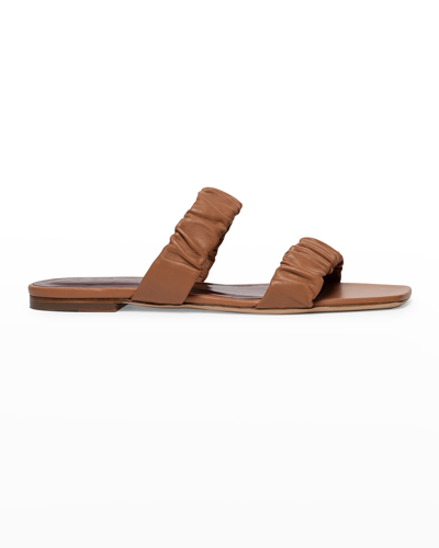 Shop Staud Maya Ruched Leather Double-band Sandals In Tan