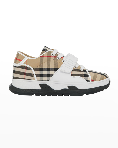 Shop Burberry Kid's Union Strap Vintage Check Low Top Trainer In Archive Beige Ip