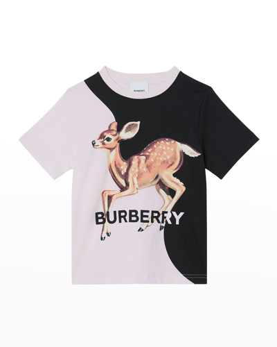 Shop Burberry Girl's Two-tone Logo Deer T-shirt In Alabaster Pink