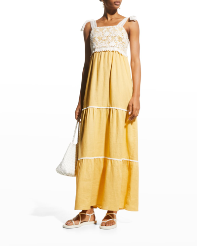 Shop Miguelina Juniper Linen Maxi Dress W/ Lace In Turmeric