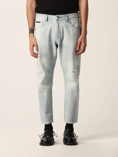 Shop Philipp Plein Jeans In Washed Denim Ripped In Sky Blue