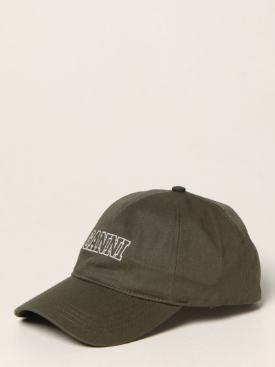 Shop Ganni Baseball Cap In Cotton With Logo In Military