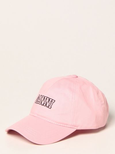 Shop Ganni Baseball Cap In Cotton With Logo In Pink