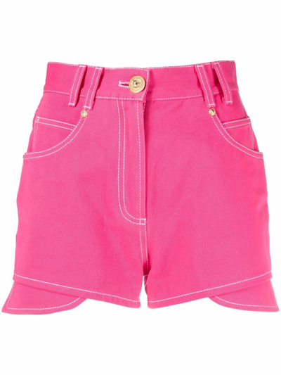Shop Balmain High-waisted Denim Shorts In Rosa