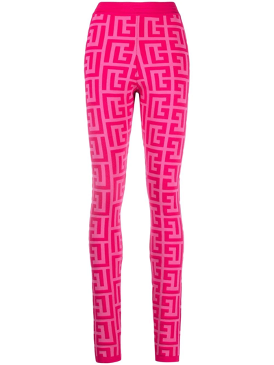 Shop Balmain X Barbie Monogram-knit Leggings In Rosa