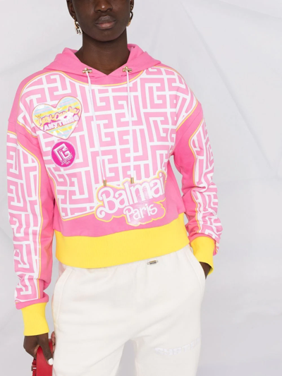 Shop Balmain X Barbie Monogram-print Cropped Hoodie In Rosa