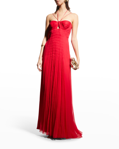 Shop Alberta Ferretti Halter-neck Shirring Silk Gown In Red