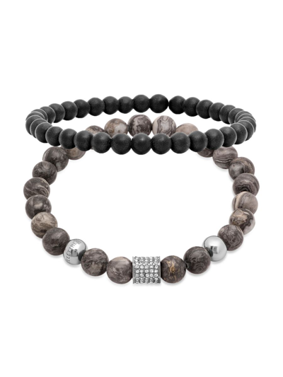 Shop Anthony Jacobs Men's 2-piece Stainless Steel & Simulated Diamond Beaded Bracelet Set In Black