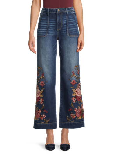 Shop Driftwood Women's Charlee Floral-embroidery Wide-leg Jeans In Dark Wash
