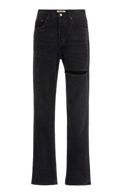 Shop Agolde Women's Lana Slice Rigid Mid-rise Straight-leg Jeans In Black