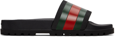 Shop Gucci Black Rubber Web Slide Sandals In 1098 Nero/v.r.v.