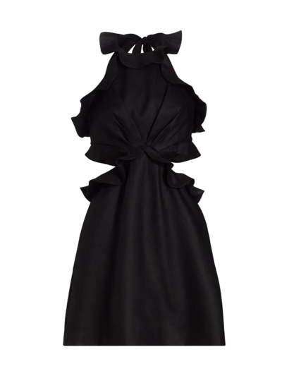Shop Zimmermann Women's Postcard Linen Ruffle Tie-back Minidress In Black