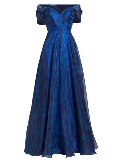 Shop Rene Ruiz Collection Women's Metallic Off-the-shoulder Gown In Blue
