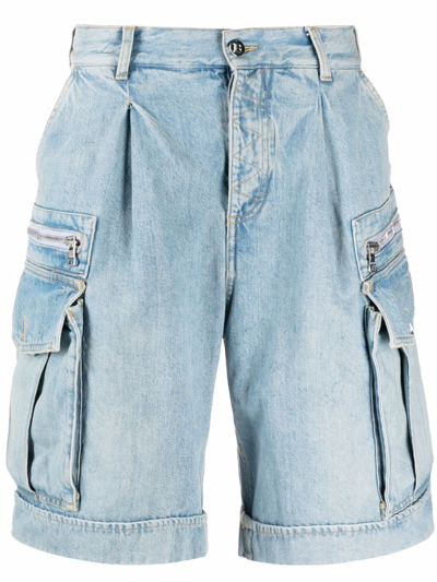 Shop Balmain Denim Cargo Shorts In Blau