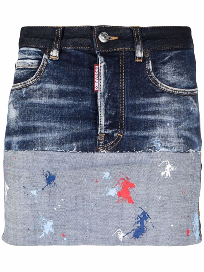 Shop Dsquared2 Paint Splatter-effect Denim Mini Skirt In Blau