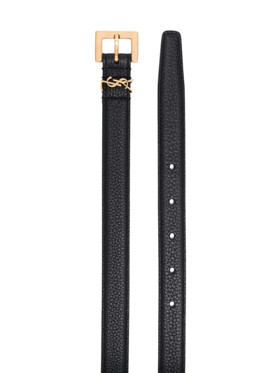 Saint Laurent Cassandre Thin Leather Belt In Black
